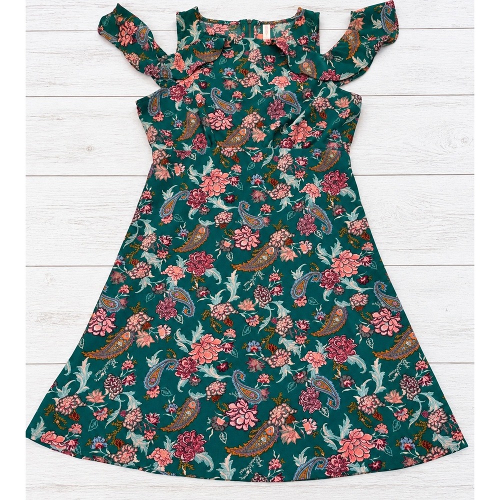 Xhilaration Dress Cold Shoulder Paisley Floral Boho Casual Green XS -4366